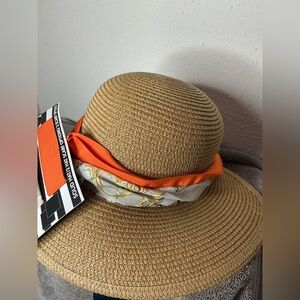 Elegant Tan Sun Hat with Orange Scarf